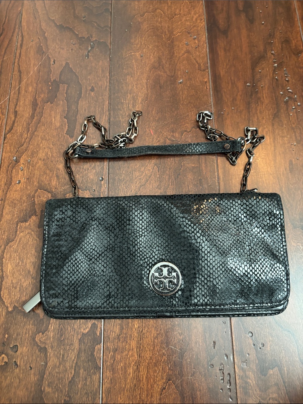Tory Burch Black Snake-Embossed Chain Wallet